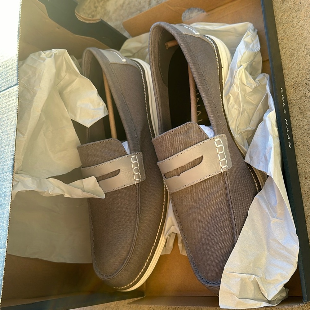 Cole Haan grey penny loafers